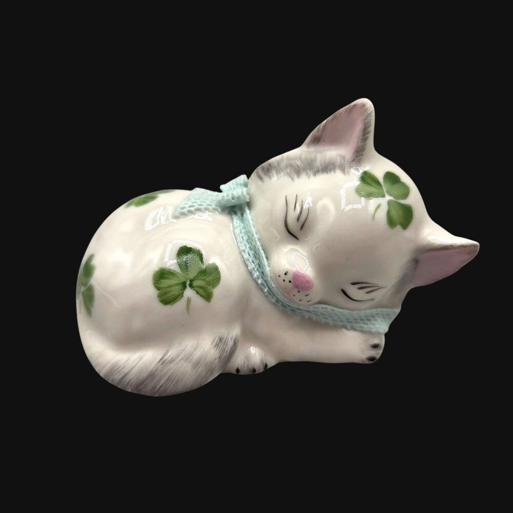 Irish Dresden MZ Sleeping Cat Figurine Shamrocks Blue Bow Porcelain
